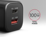 AXAGON ACU-PQ100, GaN nabíječka do sítě 100W, USB-A + USB-C, černá