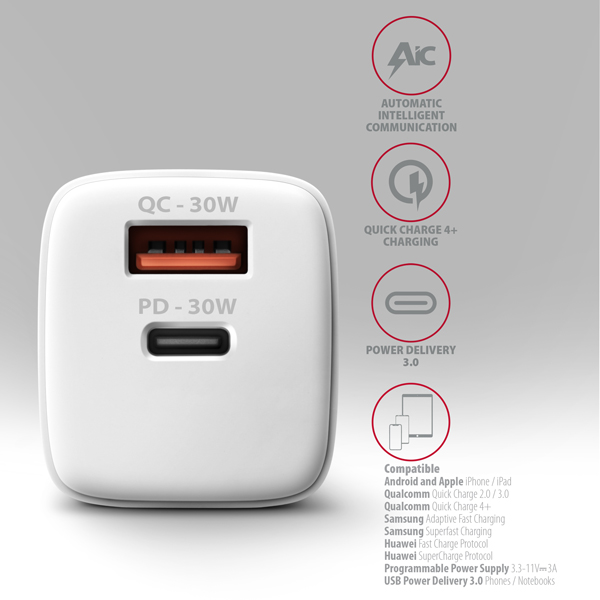 AXAGON ACU-PQ30W, napájacia nabíjačka 30 W, 2x port (USB-A + USB-C), PD3.0/PPS/QC4+/SFC/AFC/Apple, biela