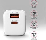 AXAGON ACU-PQ33W, GaN sieťová nabíjačka 33 W, USB-A + USB-C, biela