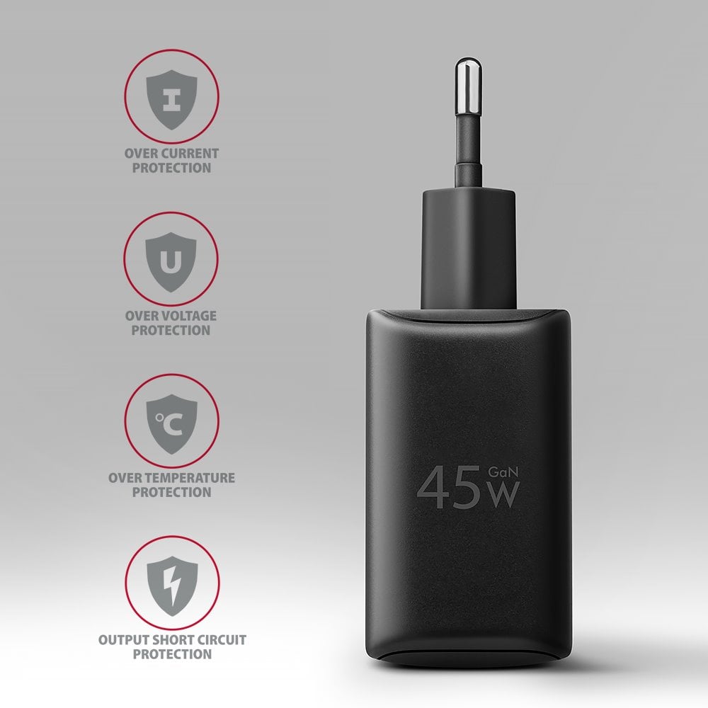AXAGON ACU-PQ45 GaN sieťová nabíjačka 45 W, 2x port (USB-A + USB-C), PD3.0/PPS/QC4+/SFC 2.0/AFC/Apple