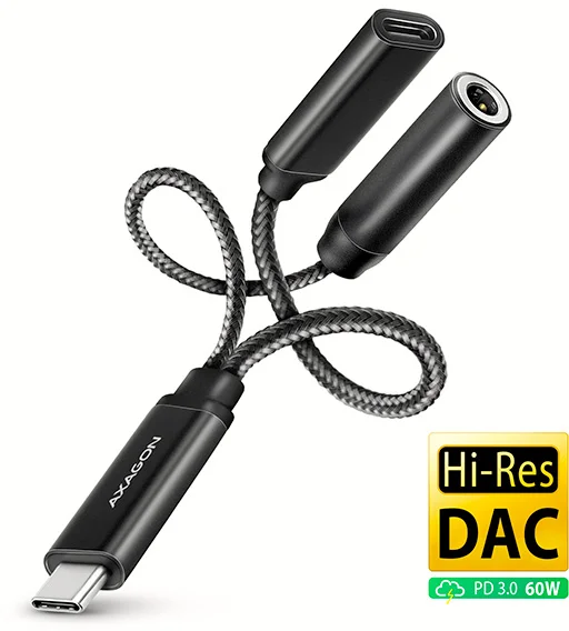 AXAGON ADA-HCPD, USB-C na 3.5mm jack - Hi-Res DAC audio adaptér, 384kHz/32bit, stereo, PD 60W 3A