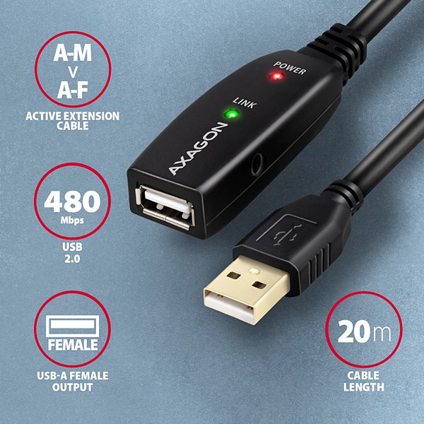 AXAGON ADR-220, USB 2.0 A-M -> A-F aktivní repeater kabel, 20m