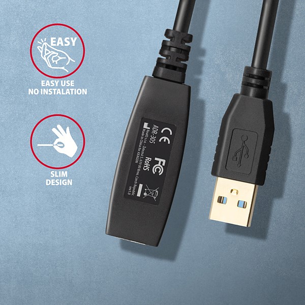 AXAGON ADR-305, USB 3.2 Gen 1 A-M -> A-F aktívny predlžovací / opakovací kábel, 5 m