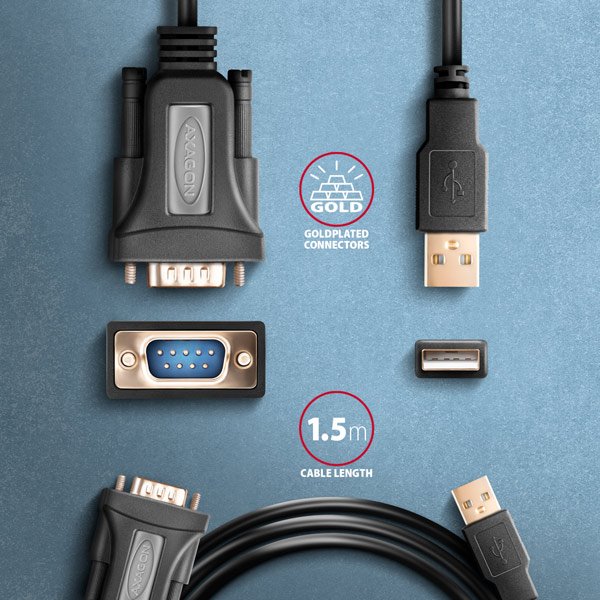 AXAGON ADS-1PQN, USB-A 2.0 na sériový RS-232 DB9-M FTDI adaptér / kábel 1,5 m