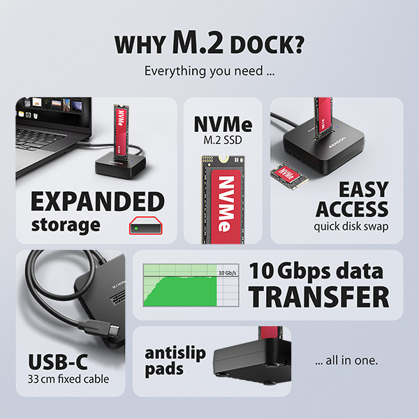 AXAGON ADSA-M2C11L, dokovacia stanica USB-C s rýchlosťou 10 Gb/s pre 1× M.2 NVMe SSD