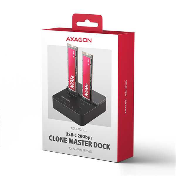 AXAGON ADSA-M2C22L, dokovacia stanica USB-C s rýchlosťou 20 Gb/s pre 2× SSD M.2 NVMe s funkciou klonovania