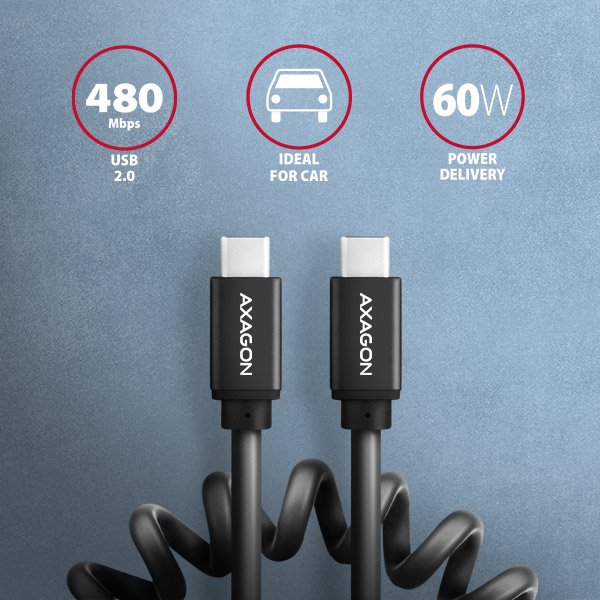 AXAGON BUCM-CM10TB, TWISTER kabel USB-C <-> USB-C, 0.6m, USB 2.0, PD 60W 3A, ALU, tpe, černý