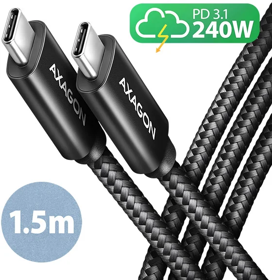 AXAGON BUCM2-CM15AB, CHARGE kabel USB-C <-> USB-C, 1.5m, Hi-Speed USB, PD 240W 5A, ALU, oplet, černý