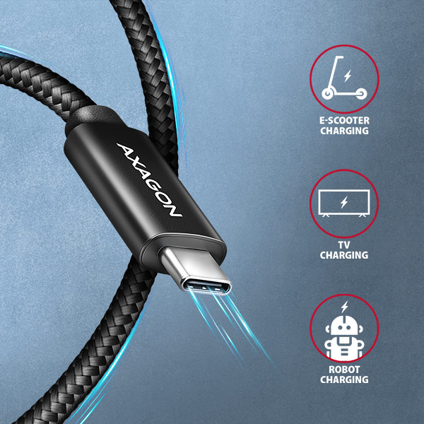 AXAGON BUCM2-CM20AB, CHARGE kabel USB-C <-> USB-C, 2m, Hi-Speed USB, PD 240W 5A, ALU, oplet, černý