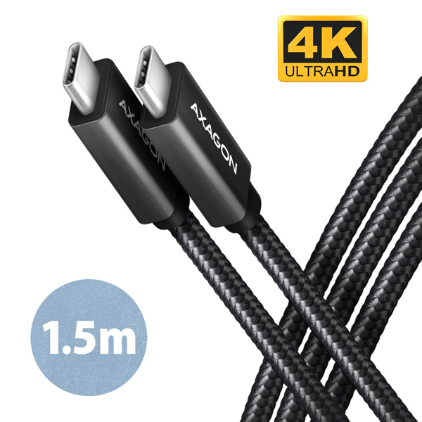 AXAGON BUCM32-CM15AB, kábel SPEED+ USB-C <-> USB-C, 1,5 m, USB 20 Gbps, PD 100 W 5 A, 4K HD, hliník, opletenie