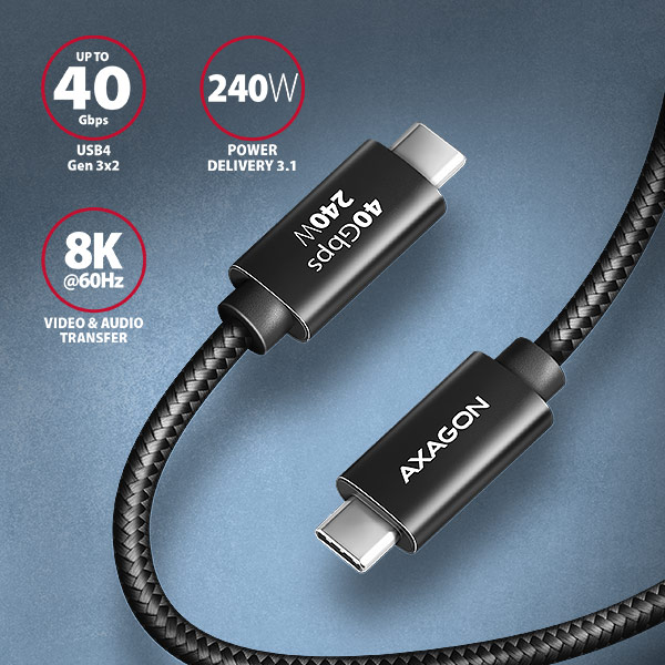 AXAGON BUCM4X-CM10AB NewGEN+ kábel USB-C <-> USB-C, 1m, USB4 Gen 3×2, PD 240W 5A, 8K HD, ALU, opletenie