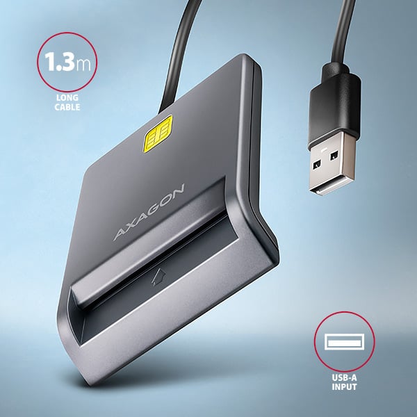 AXAGON CRE-SM3T, USB-A FlatReader kontaktná čítačka kariet Smart card (eObčanka), kábel 1,3 m