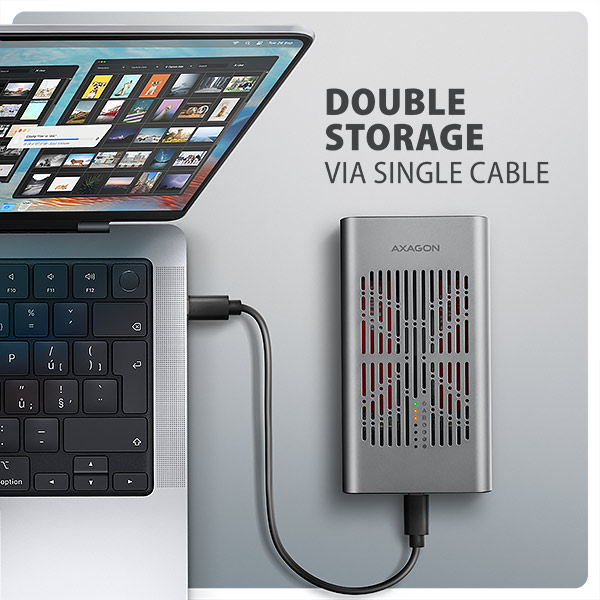 AXAGON EEM2-20GD, externý box USB-C 20 Gb/s pre dva disky M.2 NVMe SSD s funkciou klonovania