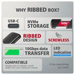 AXAGON EEM2-SC, USB-C 10Gbps externí box pro M.2 NVMe SSD, bezšroubový, žebrovaný hliník