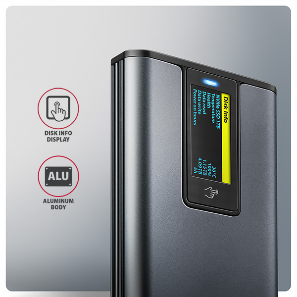 AXAGON EEM2-SD2 USB-C 10Gb/s - M.2 NVMe a SATA SSD kovový box DISPLAY, bez skrutiek