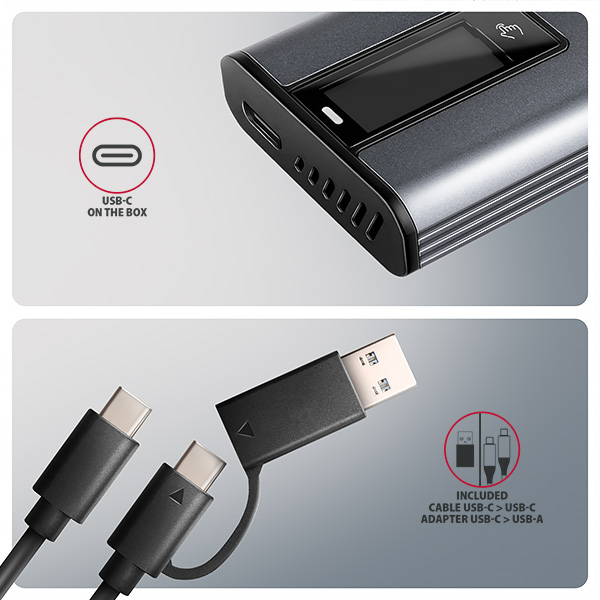AXAGON EEM2-SD2 USB-C 10Gb/s - M.2 NVMe a SATA SSD kovový box DISPLAY, bez skrutiek