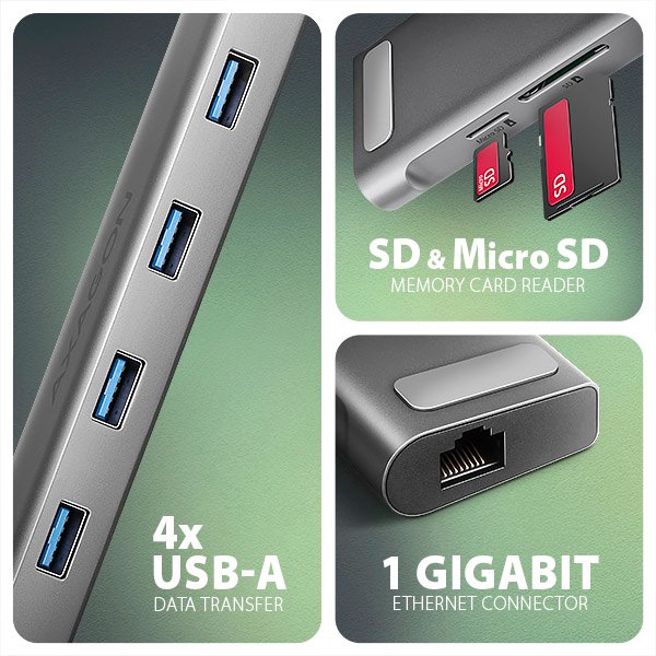 AXAGON HMC-10HLS, rozbočovač USB 5Gb/s, 4x USB-A, HDMI 4k/60Hz, RJ-45 GLAN, SD/mSD, PD 100W