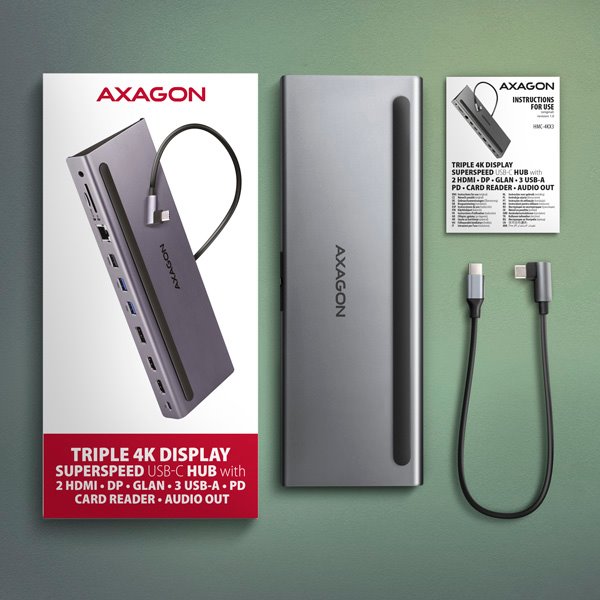 AXAGON HMC-4KX3 USB 5Gbps hub, 3x USB-A, 2x HDMI, DP
