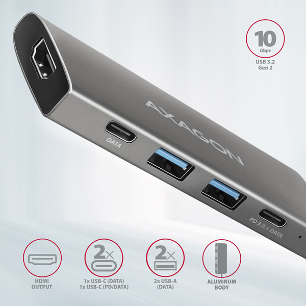 AXAGON HMC-5G21, rozbočovač USB 10 Gb/s, 2x USB-A, 2x USB-C, HDMI 4k/30, PD 60W, kábel USB-C 13 cm