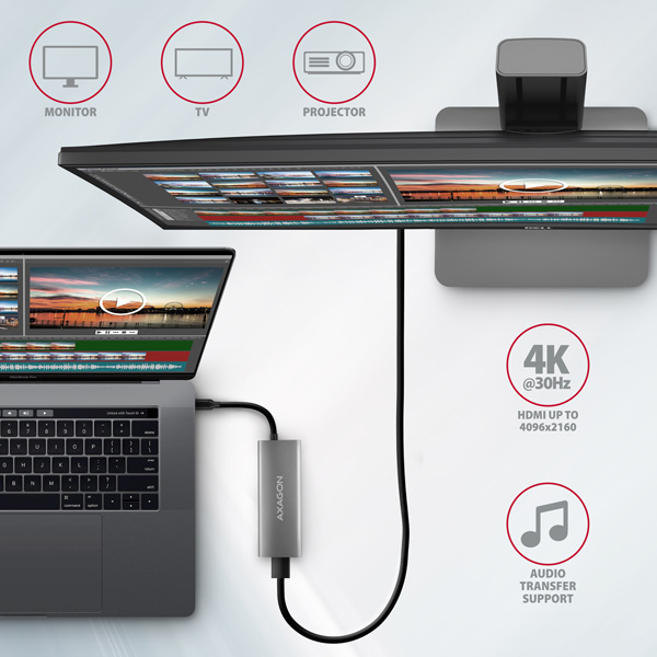 AXAGON HMC-5G21, rozbočovač USB 10 Gb/s, 2x USB-A, 2x USB-C, HDMI 4k/30, PD 60W, kábel USB-C 13 cm