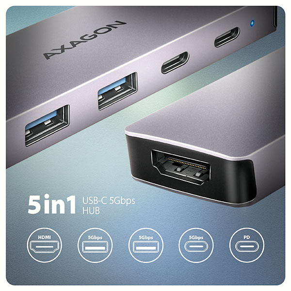 AXAGON HMC-5H60, rozbočovač USB 5Gb/s, porty 2x USB-A, 1x USB-C, HDMI 4k/60, PD 100W, kábel USB-C 15cm