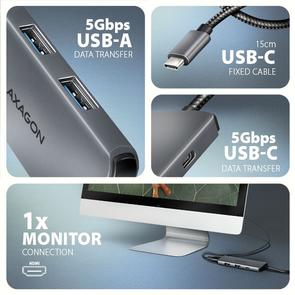 AXAGON HMC-5H8K, rozbočovač USB 5Gb/s, 2x USB-A, USB-C, HDMI 8k/30Hz, PD 100W, kábel USB-C 15cm