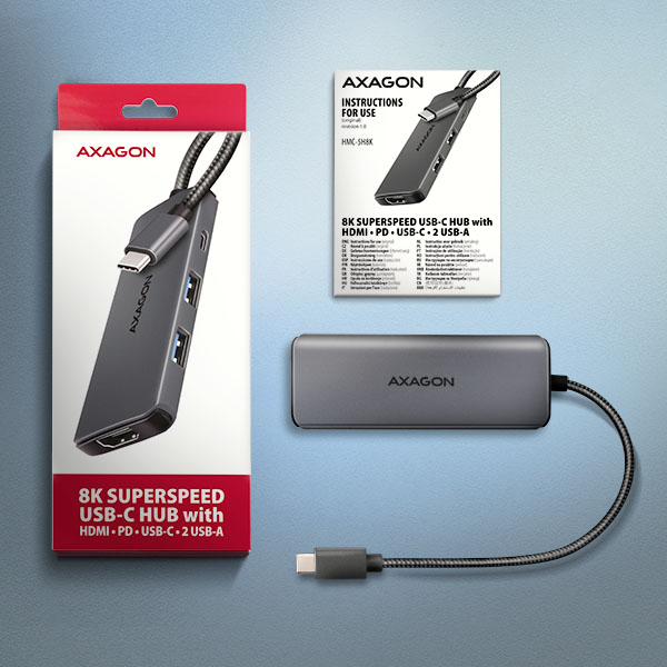 AXAGON HMC-5H8K, rozbočovač USB 5Gb/s, 2x USB-A, USB-C, HDMI 8k/30Hz, PD 100W, kábel USB-C 15cm