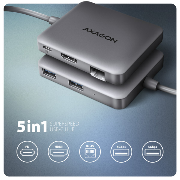 AXAGON HMC-5HL USB 5Gbps hub, 2x USB-A, HDMI 4k/60Hz, RJ-45 GLAN, PD 100W, USB-C kábel 20cm