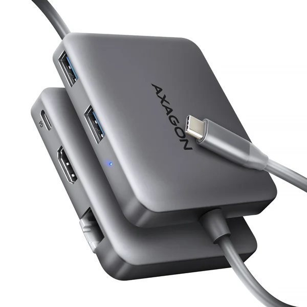 AXAGON HMC-5HL USB 5Gbps hub, 2x USB-A, HDMI 4k/60Hz, RJ-45 GLAN, PD 100W, USB-C kábel 20cm