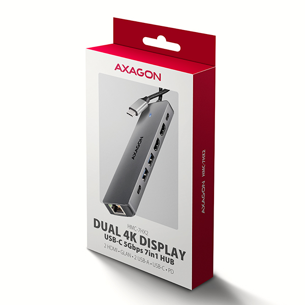AXAGON HMC-7HX2, rozbočovač USB 5Gbps, 2x USB-A, USB-C, 2x HDMI 4k/60Hz, RJ-45 GLAN, PD 100W, 15cm kábel