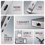 AXAGON HMC-STND, stojan pre 10"-17" notebooky, rozbočovač USB 5Gbps, 3x USB-A, HDMI 4k/60Hz, RJ-45, PD 100W, kábel USB-C 60cm