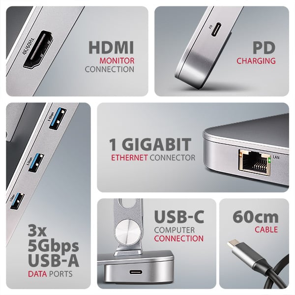 AXAGON HMC-STND, stojan pro 10"-17" notebooky, USB 5Gbps hub, 3x USB-A, HDMI 4k/60Hz, RJ-45, PD 100W, kabel USB-C 60cm