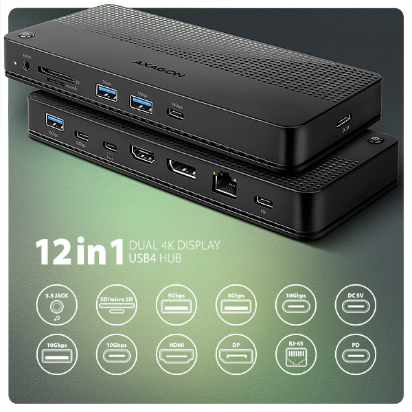 AXAGON HMC-U4, dokovacia stanica USB4 40Gb/s, 3x USB-A, 2x USB-C, HDMI a DP 8K/30Hz, RJ-45, SD/mSD, audio, PD100W