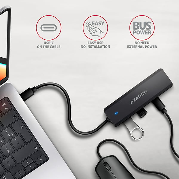 AXAGON HUE-C2C, cestovný rozbočovač s 4× USB 5 Gbps, 2× USB-A + 2× USB-C, napájanie cez USB-C, kábel USB-C 19 cm