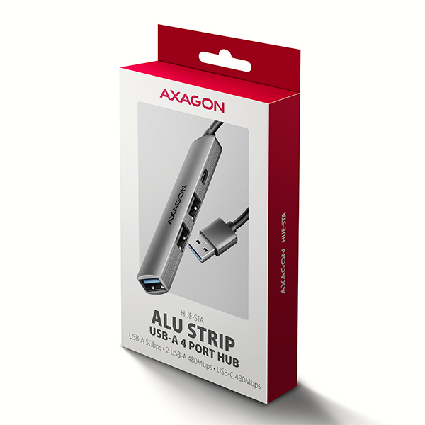 AXAGON HUE-STA, 4x USB ALU STRIP hub, 1x USB-A 5Gbps, 2x USB-A & 1x USB-C 480Mbps, kabel USB-A 12cm