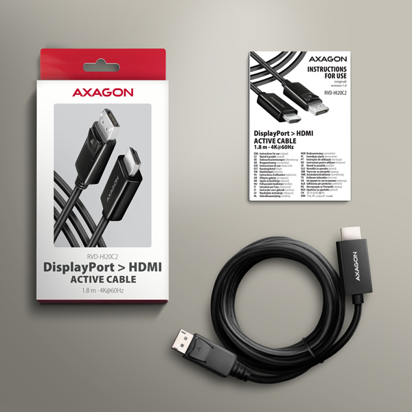 AXAGON RVD-HI20C2, DisplayPort -> HDMI 2.0b redukcia / kábel 1,8 m, 4K/60Hz