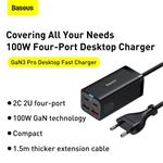 Baseus GaN3 Pro stolní rychlonabíjecí adaptér 2x USB-A, 2x USB-C 100W černá
