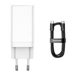 Baseus GaN3 rychlo nabíjecí adaptér 2x USB-C + USB 65W + kabel USB-C do USB-C 1m, bílá
