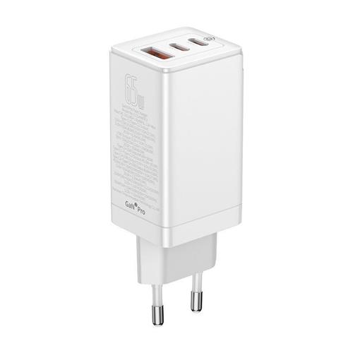 Baseus GaN3 rychlo nabíjecí adaptér 2x USB-C + USB 65W + kabel USB-C do USB-C 1m, bílá