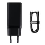 Baseus GaN3 rychlo nabíjecí adaptér 2x USB-C + USB 65W + kabel USB-C do USB-C 1m, černá