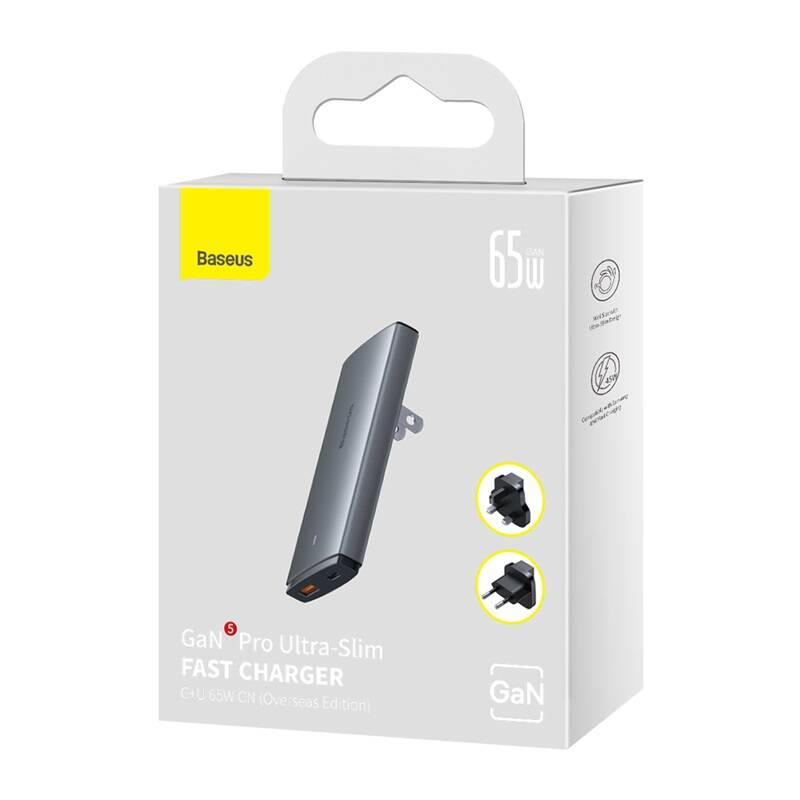 Baseus GaN5 Pro Ultra Slim USB-C/USB-A 65 W nabíjačka sivá