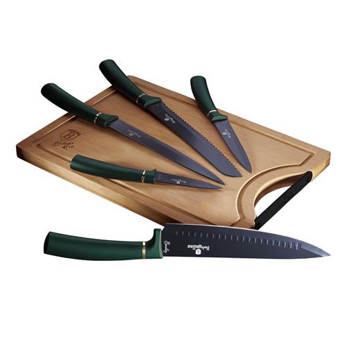 BerlingerHaus Sada nožů s nepřilnavým povrchem + prkénko Emerald Collection, 6 ks