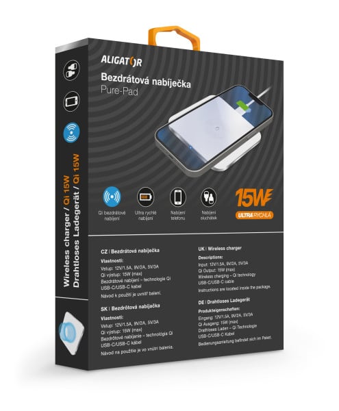 Bezdrátová nabíječka Aligator PREMIUM 15W, bílá