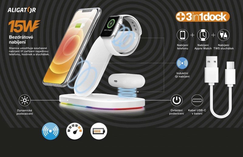 Bezdrátová Qi dok.stanice 3v1 Apple watch,15W,bílá