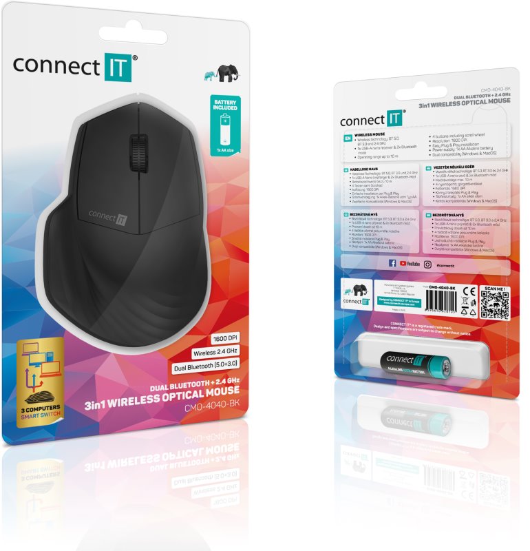 Bezdrôtová myš CONNECT IT Triple SmartSwitch, 2,4 GHz a BT, ČIERNA