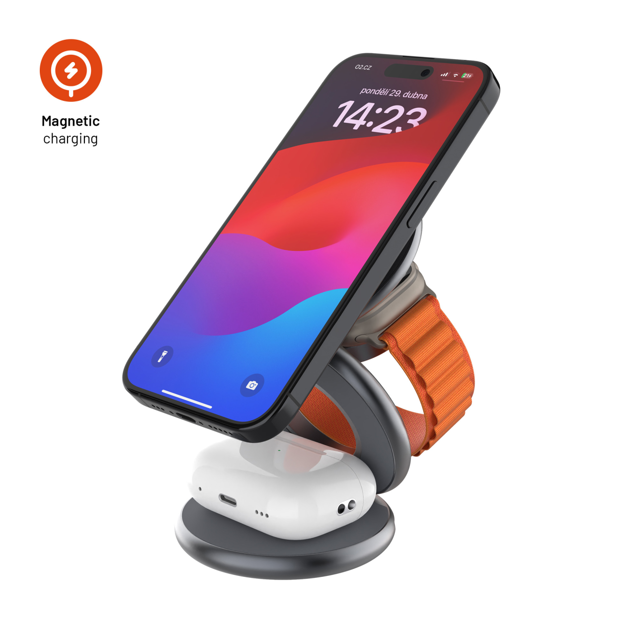 Bezdrôtová nabíjačka 3v1 FIXED MagPowerstation Round s MagSafe, sivá