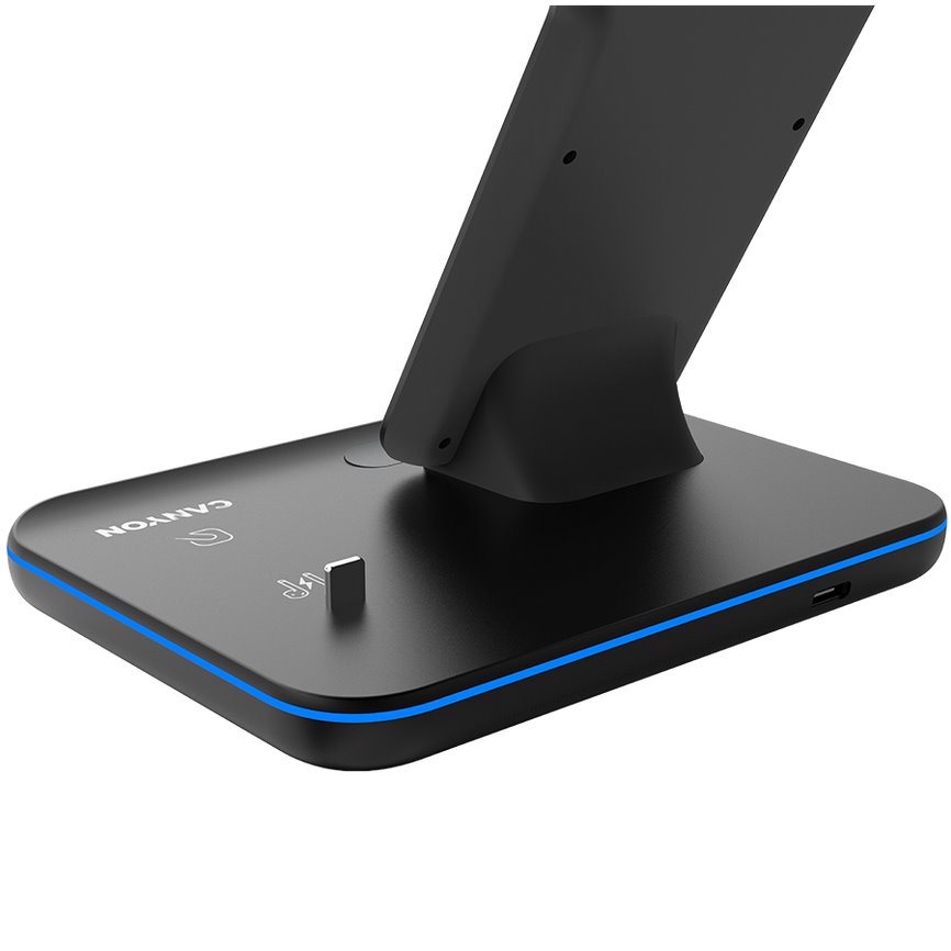 Bezdrôtová nabíjačka CANYON WS-302B, 3v1, vstup 9V/2A, 12V/2A, výstup 15W/10W/7,5W/5W, typ C na USB-A, čierna