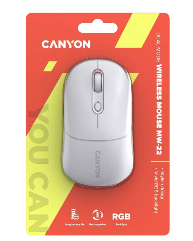 Bezdrôtová optická myš CANYON MW-22, RGB, 800/1200/1600 dpi, 4 tlačidlá, BT + 2,4 GHz, batéria 650 mAh, snehovo biela