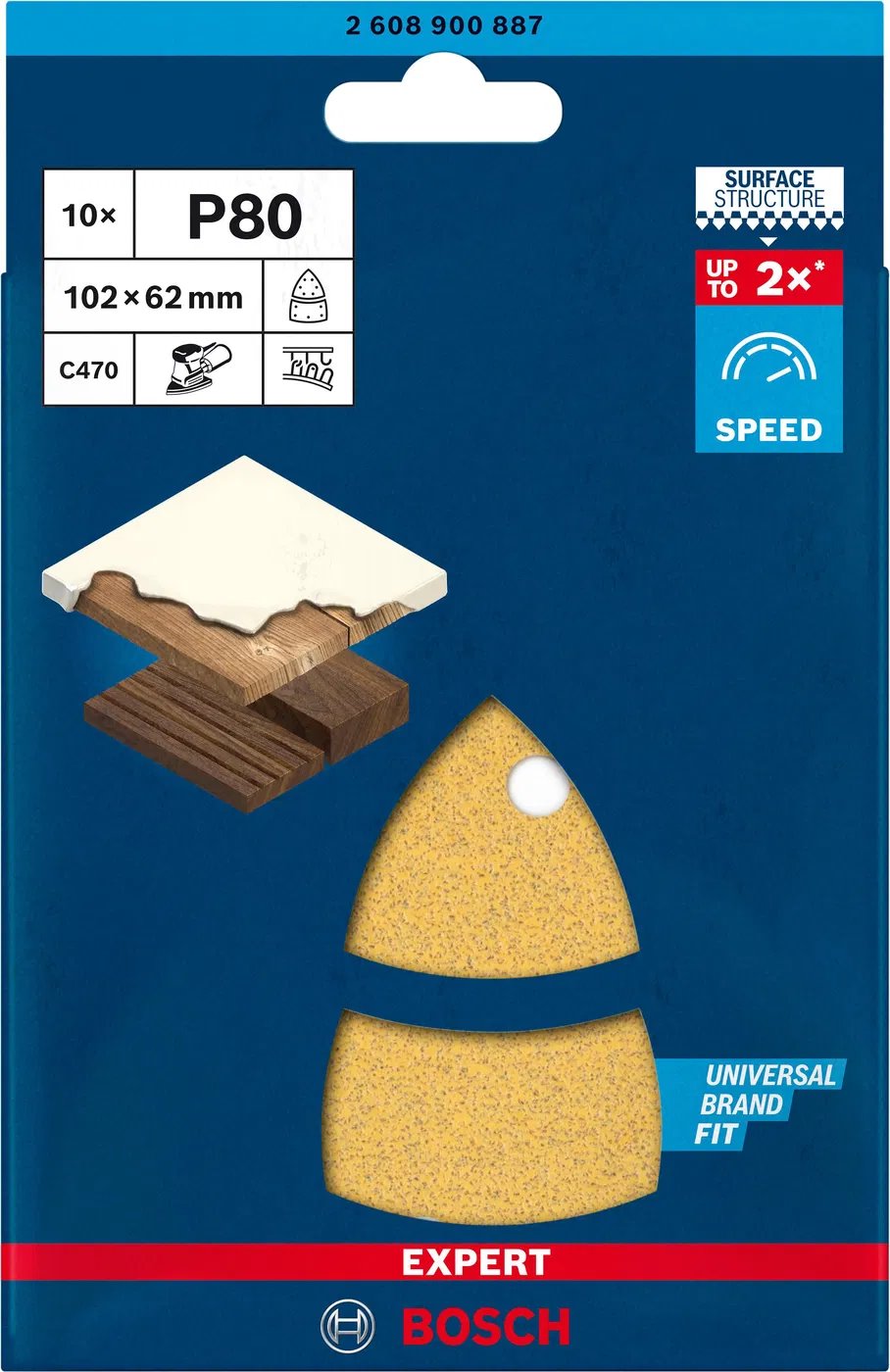 BOSCH brúsny papier EXPERT C470 s 11 otvormi pre multifunkčné píly 102 × 62 mm, 93 mm, G 80, 10 ks (2.608.900.887)