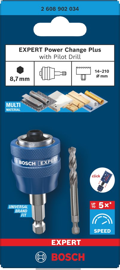 BOSCH EXPERT Power Change Plus Arbor with Pilot Drill, Hex Shank 8.7 mm, HSS-G, 7.15 x 45 x 85 mm (2.608.902.034)